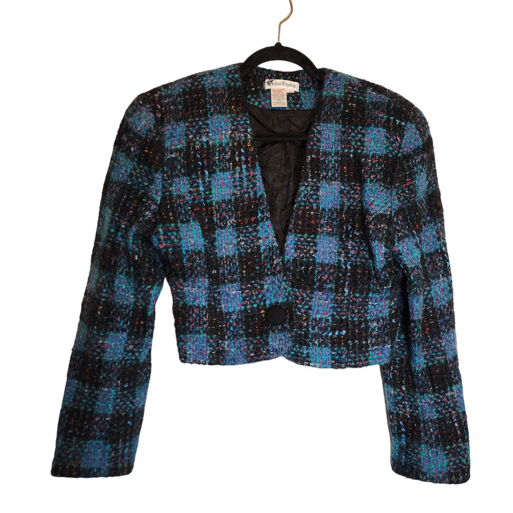 Vintage Cropped Tweed Jacket Ann Taylor Jewel Plaid Jacket Tweed Vivid